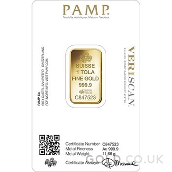 1 Tola Gold Bar PAMP Lady Fortuna