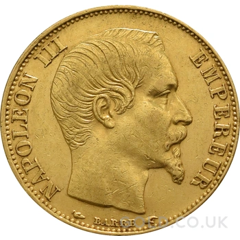 French 20 Francs Gold Coin Napoleon III Bare Head