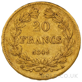 1841 French 20 Francs Gold Coin Louis-Philippe Laureate Head A