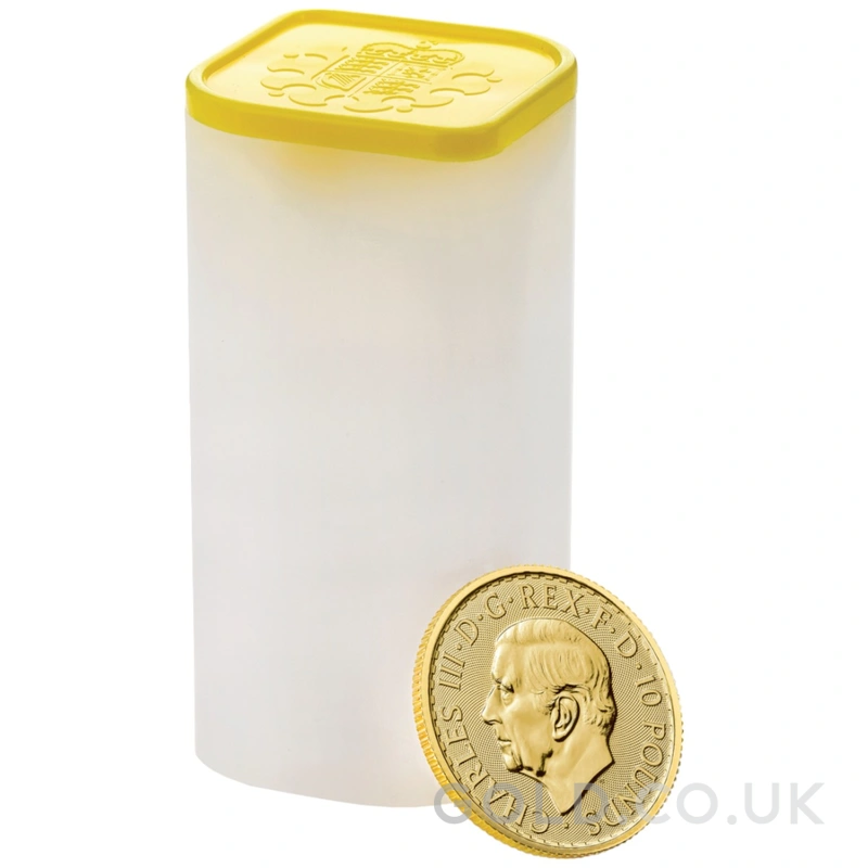 Tube of 25 2025 Tenth Ounce Britannia Gold Coins