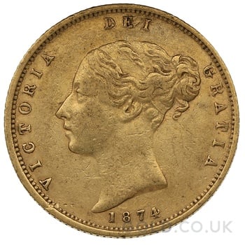 1874 Gold Half Sovereign Queen Victoria Young Head Shield Back