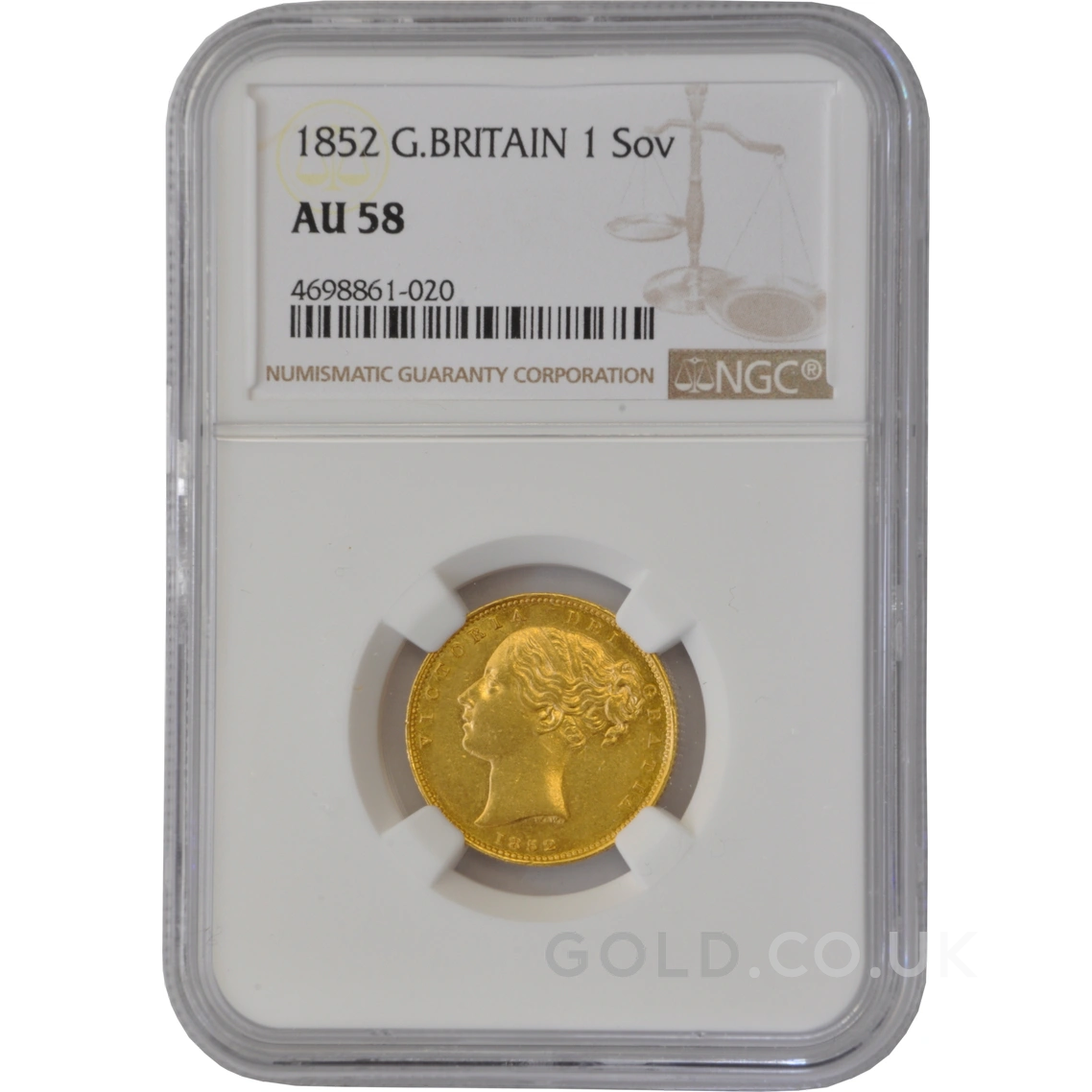 1852 Gold Sovereign Coin Queen Victoria Young Head Shield Back NGC AU58