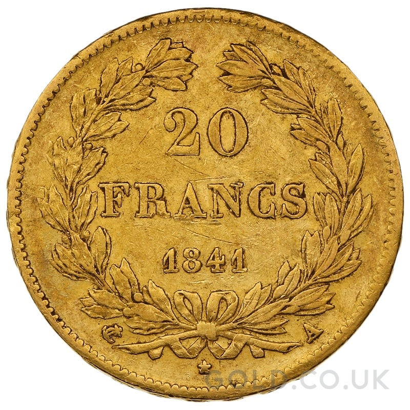 1841 French 20 Francs Gold Coin Louis-Philippe Laureate Head A