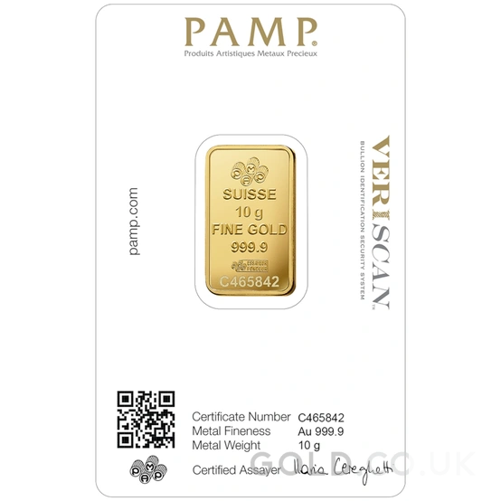 10g Gold Bar PAMP Lady Fortuna Minted