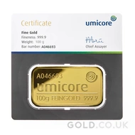 100g Umicore Minted Gold Bar
