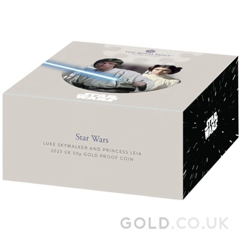 2023 50p Luke Skywalker & Princess Leia Star Wars Proof Gold Coin Boxed