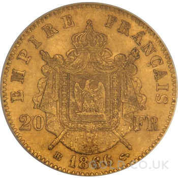 1866 French 20 Francs Gold Coin Napoleon III Laureate Head BB PCGS MS62