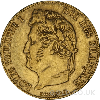1844 French 20 Francs Gold Coin Louis-Philippe Laureate Head A