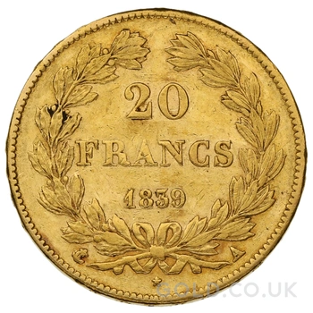1839 French 20 Francs Gold Coin Louis-Philippe Laureate Head A