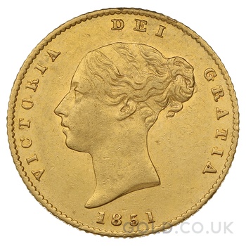 1851 Gold Half Sovereign Queen Victoria Young Head Shield Back