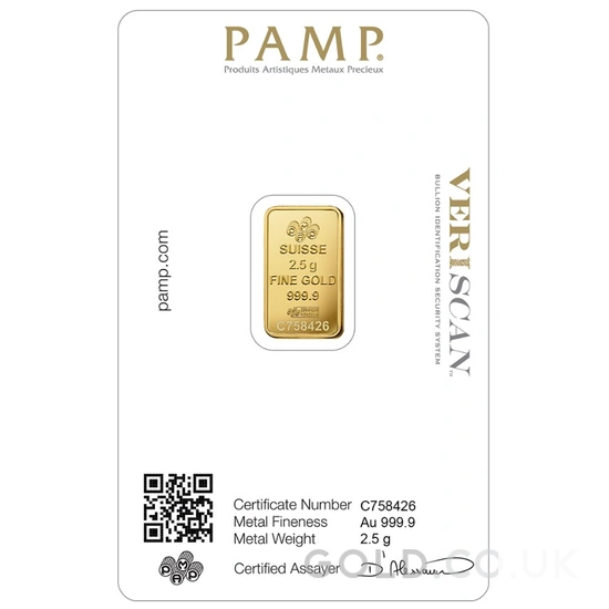 2.5g Gold Bar PAMP Lady Fortuna Minted