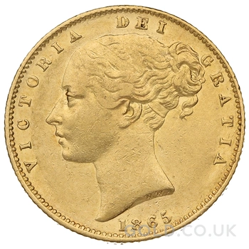 1865 Gold Sovereign Coin Queen Victoria Young Head Shield Back