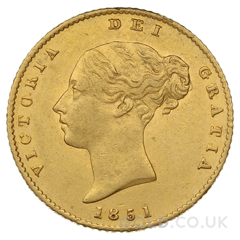 1851 Gold Half Sovereign Queen Victoria Young Head Shield Back