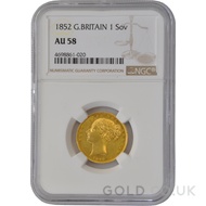 1852 Victoria Young Head Shield Back Gold Sovereign (London Mint) AU58