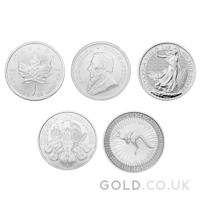 2022 1oz Silver Coin Set; Britannia, Maple, Philharmonic, Krugerrand, Kangaroo