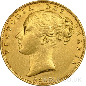 1853 Gold Sovereign Coin Queen Victoria Young Head Shield Back