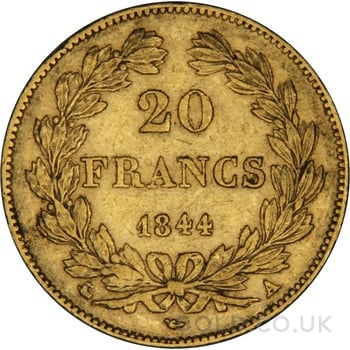 1844 French 20 Francs Gold Coin Louis-Philippe Laureate Head A