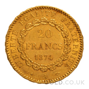 1874 French 20 Francs Gold Coin Guardian Angel A