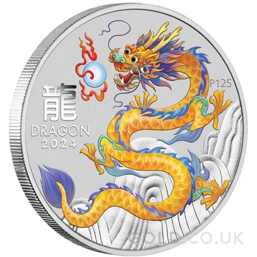 2024 1oz Perth Mint Year of the Dragon Coloured Silver Coin - Yellow Dragon