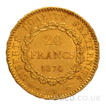 1874 French 20 Francs Gold Coin Guardian Angel A