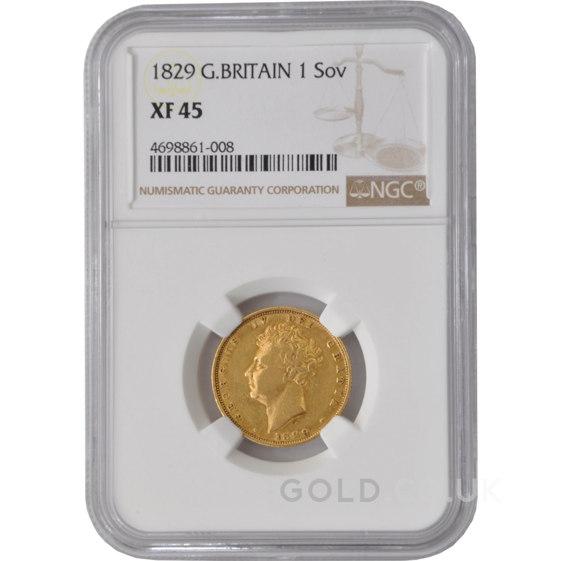 1829 Gold Sovereign Coin George IV Bare Head NGC XF45