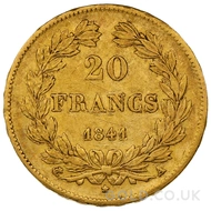 Gold 1841 20 French Francs Louis-Philippe Laureate Head (A)