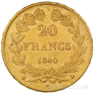 Gold 1840 20 French Francs Louis-Philippe Laureate Head (A)