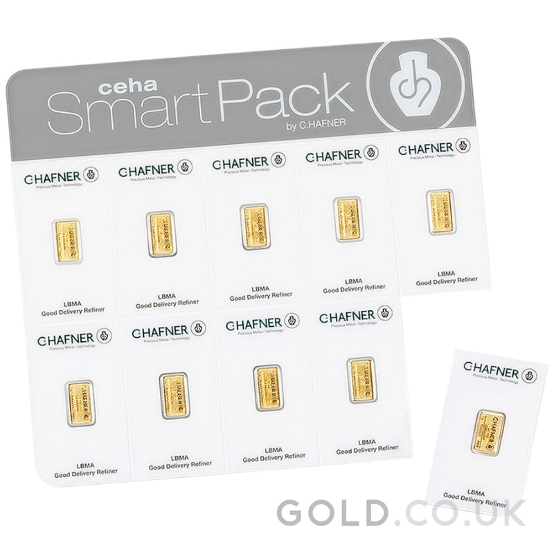 10 x 1g Gold Bar C. Hafner SmartPack Minted