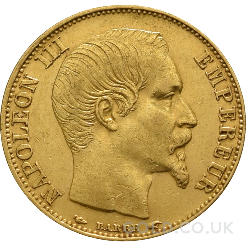 French 20 Francs Gold Coin Napoleon III Bare Head