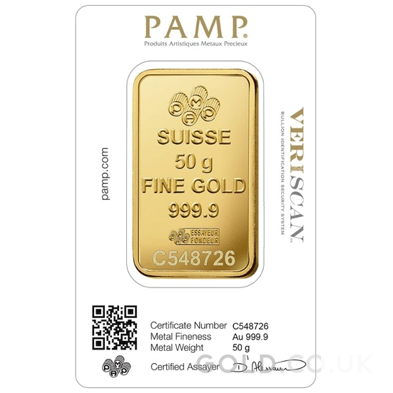 50g Gold Bar PAMP Lady Fortuna Minted