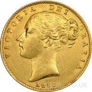 1853 Gold Sovereign Coin Shield Back Victoria