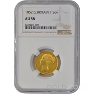 1852 Gold Sovereign Coin Shield Back Victoria AU58