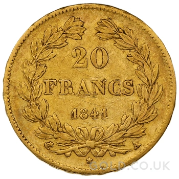 1841 French 20 Francs Gold Coin Louis-Philippe Laureate Head A
