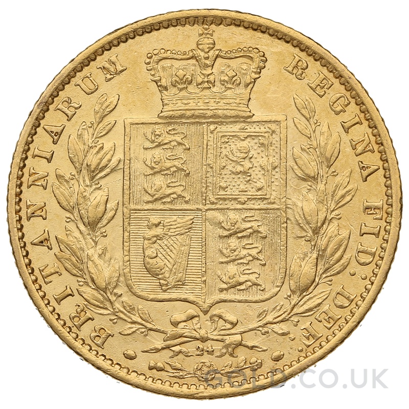 1865 Gold Sovereign Coin Queen Victoria Young Head Shield Back