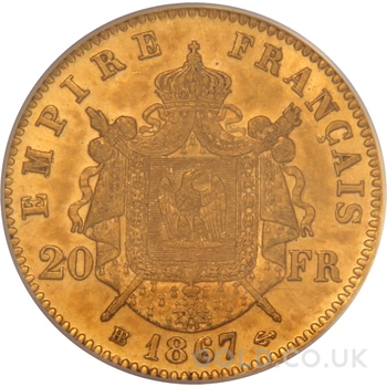 1867 French 20 Francs Gold Coin Napoleon III Laureate Head BB PCGS MS62